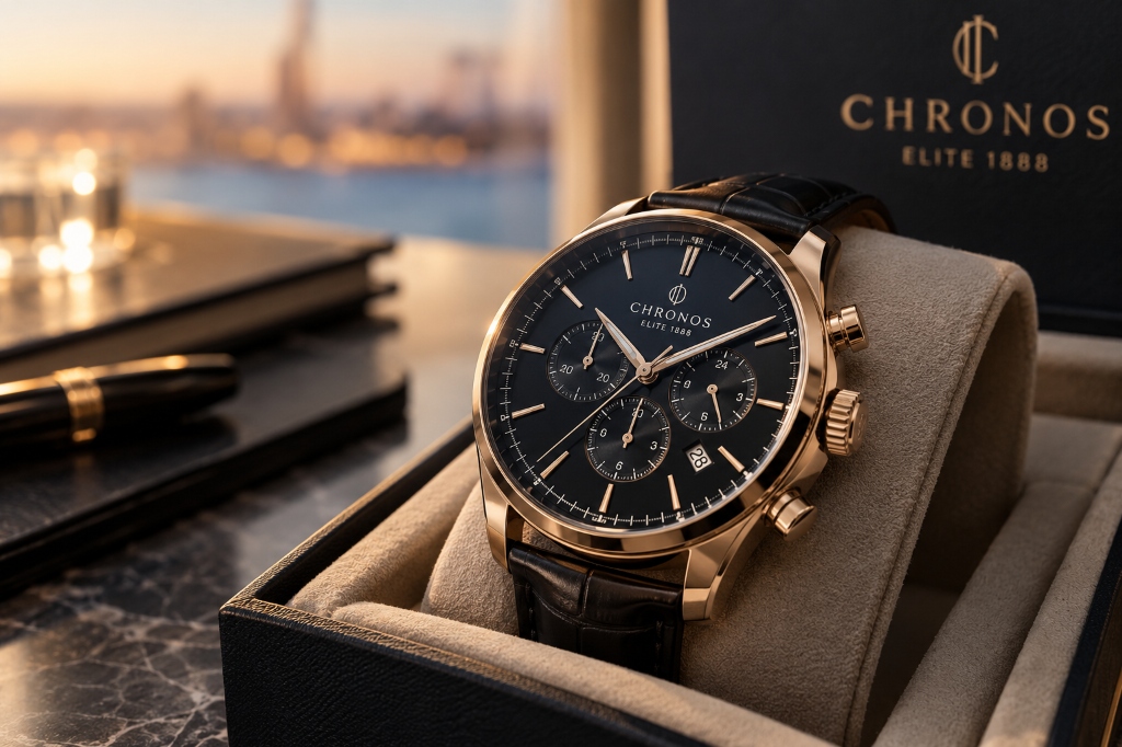 CHRONOS ELITE 1888 - Luxus-Chronograph mit schwarzem Zifferblatt und goldfarbenem Geh&auml;use